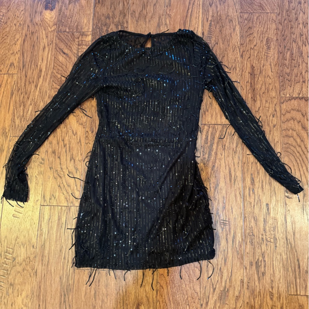 Lulus Black Mesh Sequin Fringe Mini dress